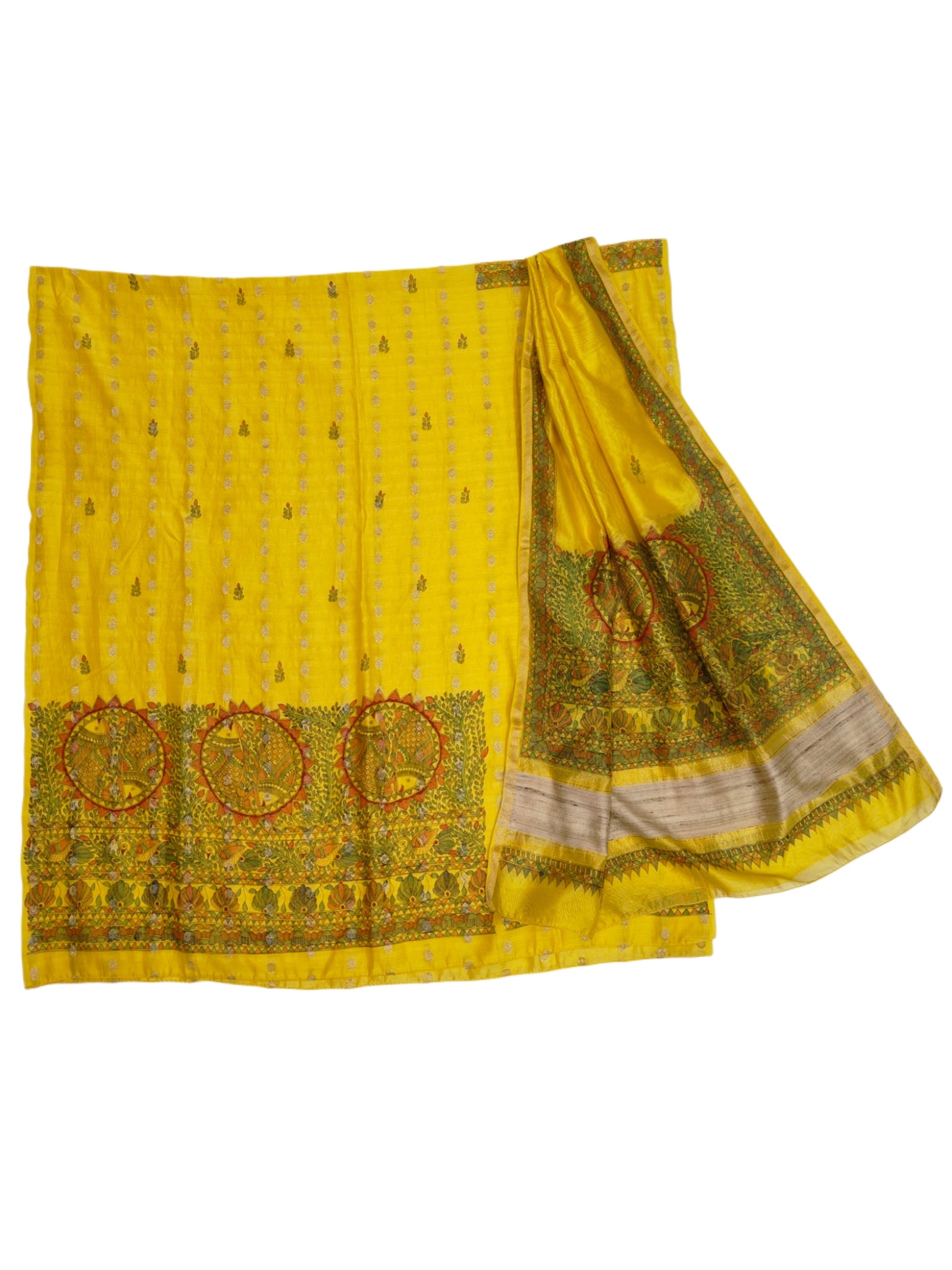 Hand-painted Madhubani Peacock & Floral Unstitched Suit Set on Chanderi in Sunshine Yellow
